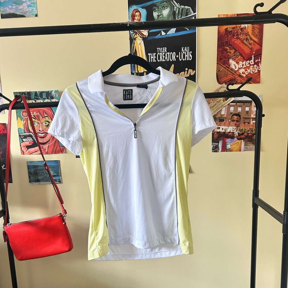 White and Yellow Short Sleeve Zip-Up Top